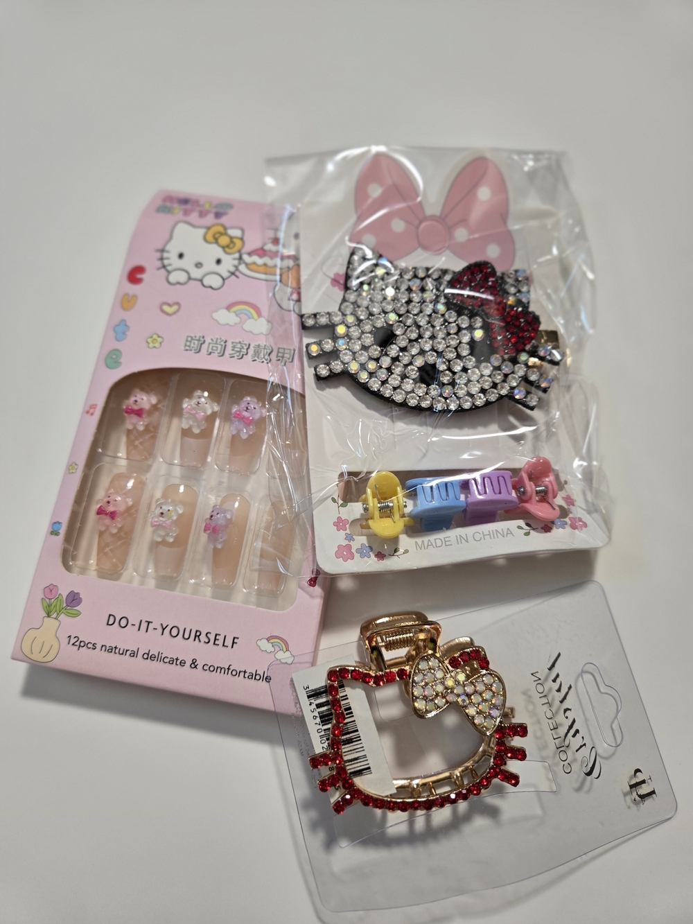 Hello Kitty Rhinestone Hair Clips & Nail Set - Pink, Red, Clear